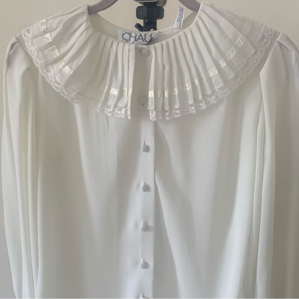 Vintage Chaus White Pleated Collar Button-Front Blouse Size 8 - Picture 2 of 7